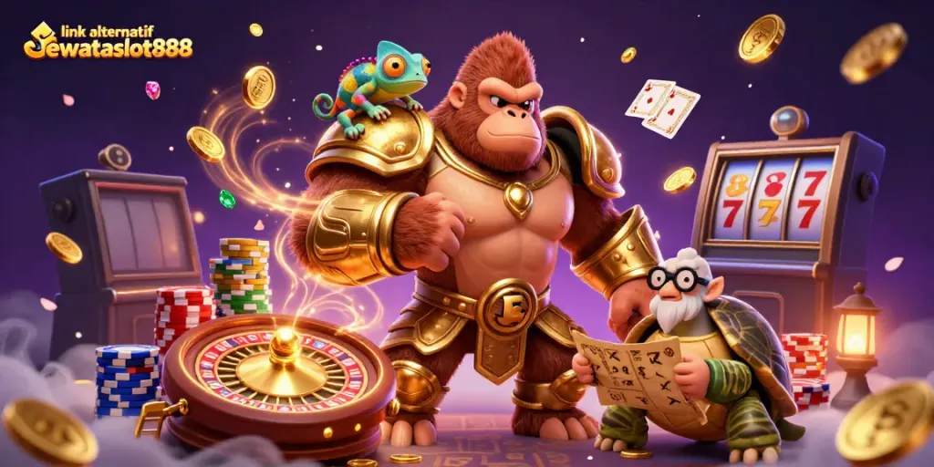 Menangkan bonus dengan link alternatif dewataslot888 dalam ilustrasi kasino berwarna-warni yang dinamis.