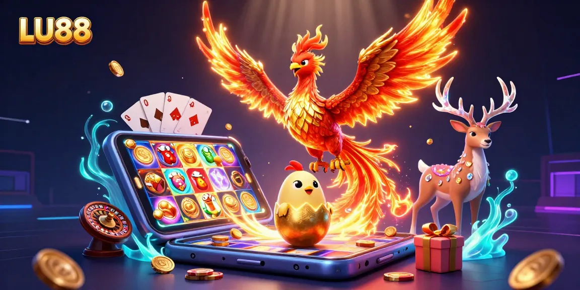 LU88 casino gaming scene with a phoenix, golden egg, and vibrant slots game elements