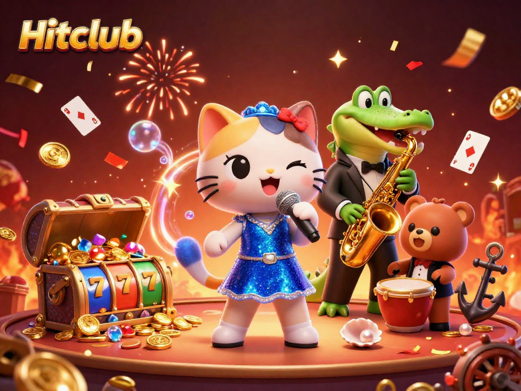 Engage with Hitclub's exciting atmosphere featuring a jazzy lioness and iconic casino elements.
