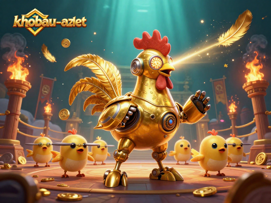 Engage in the thrilling khobau-aztec experience with a golden rooster robot and baby chick drones, amidst gold coins and dynamic gambling symbols.
