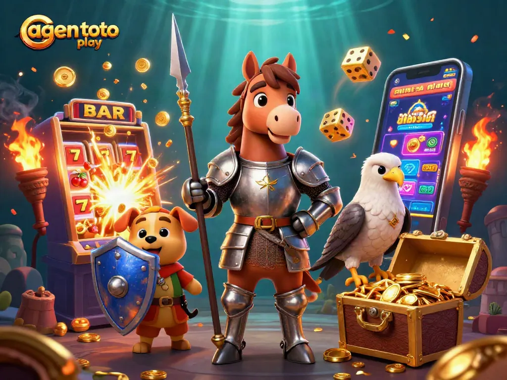 Play agen toto play with vibrant 3D knights, jackpots, slot machines, and casino elements.