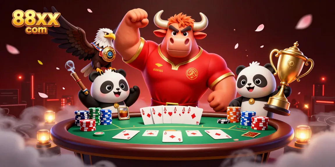 Win big at 88xx com with strategic gaming tactics and vibrant casino action featuring a bull mascot.