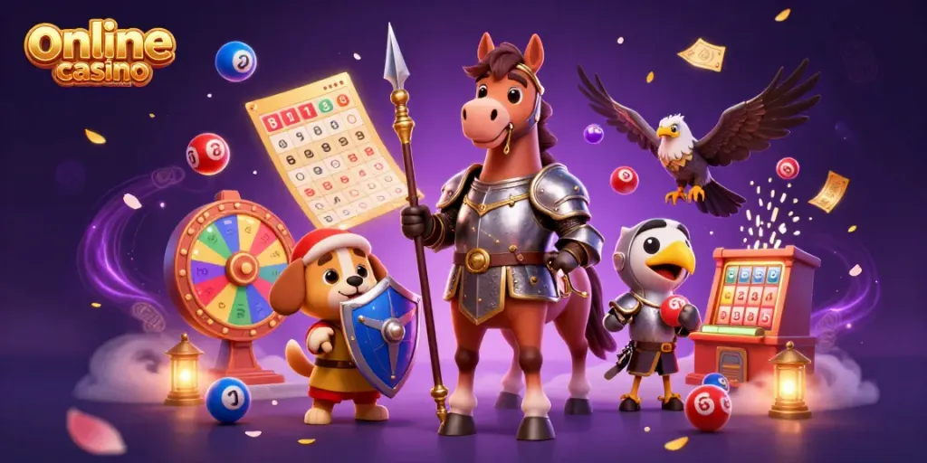 Engage with online casino australia through a vibrant medieval scene featuring lively characters and casino elements.