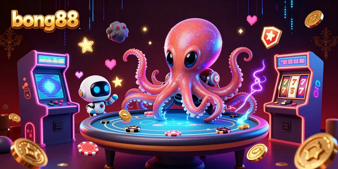 bong88 showcases a vibrant 3D alien octopus operating a poker table in a dynamic casino scene.