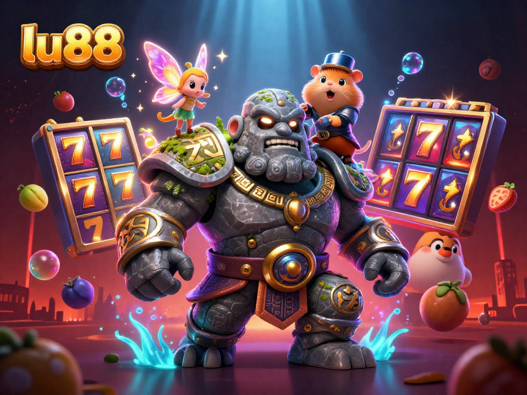 Experience thrilling wins at lu88 with vivid slot reels, bright jackpot counters, and animated characters in a captivating casino scene.