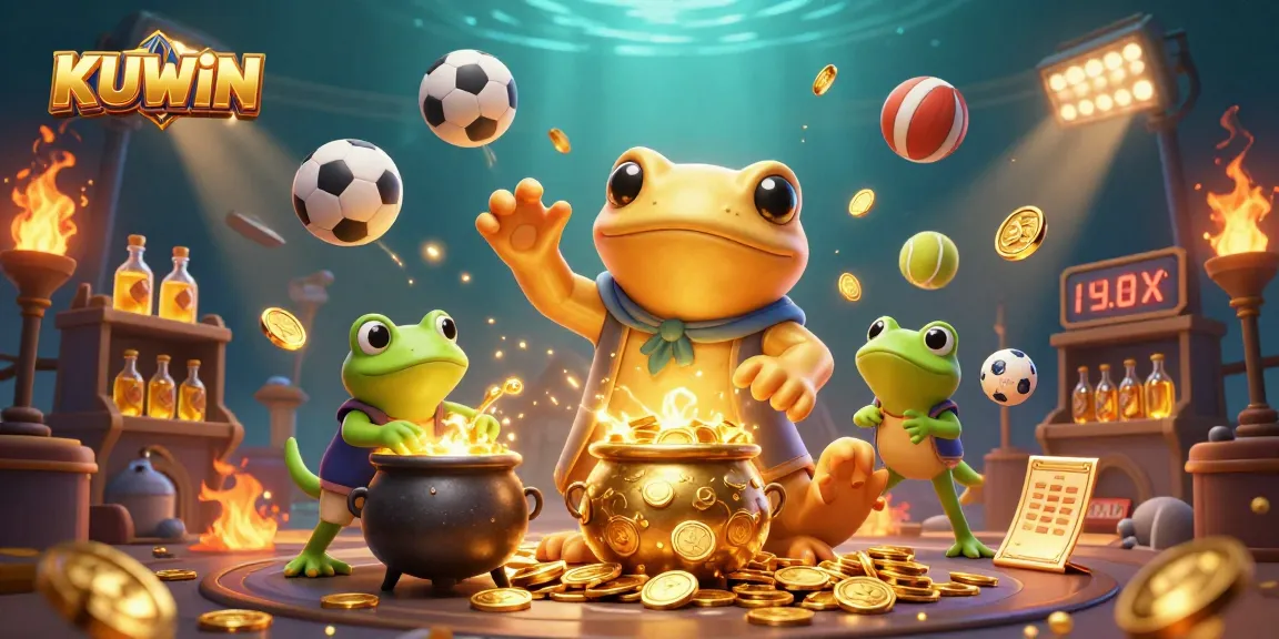 Experience the vibrant world of KUWIN with a 3D cartoon scene of a golden alchemist and dynamic sports elements.