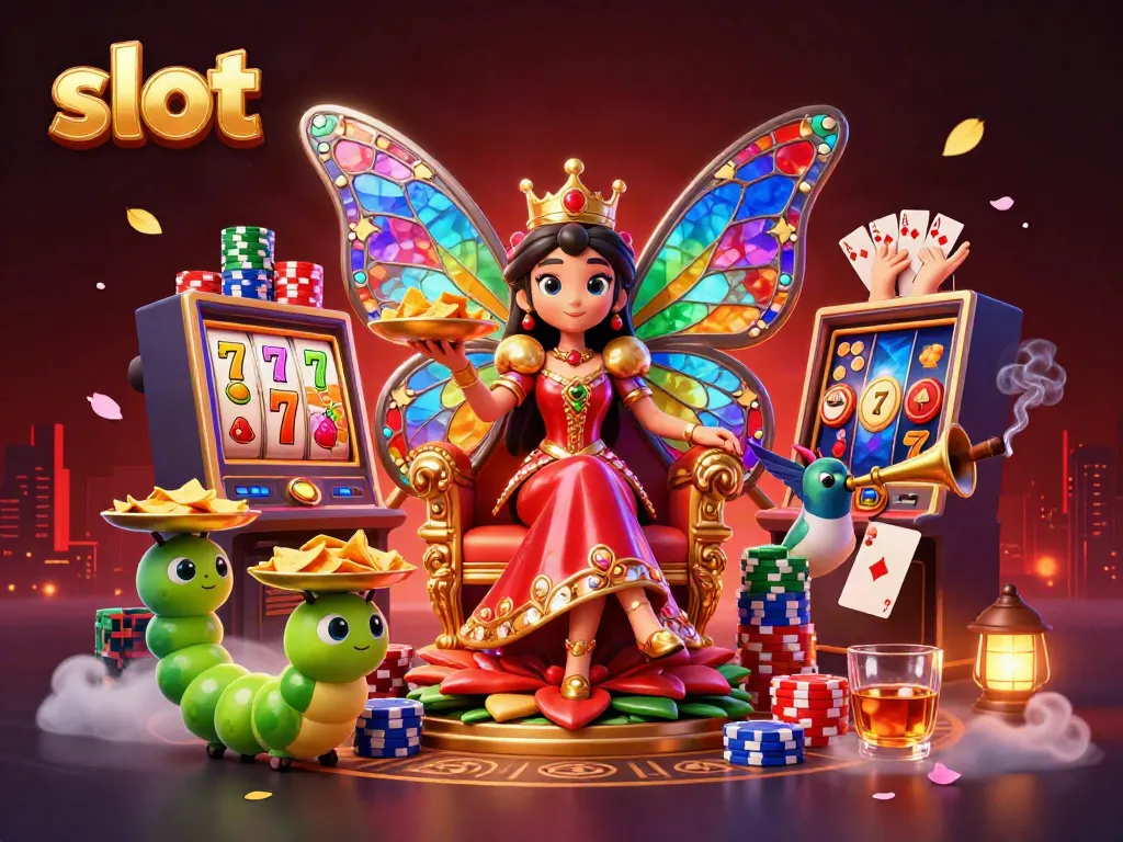Slot yang menampilkan ratu kupu-kupu 3D dengan sayap stained-glass dan elemen kasino di sekelilingnya