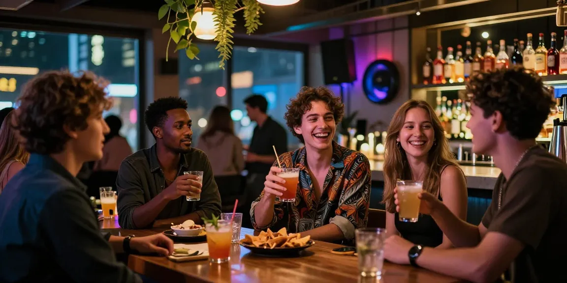 Nhóm bạn trẻ đang tận hưởng buổi tối với gái gọi tại một quán bar sôi động