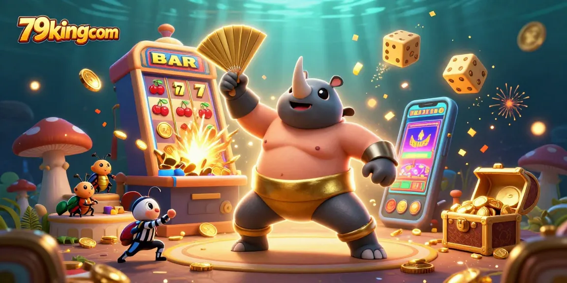 Engage with 79kingcom's thrilling casino scene featuring a sumo beetle and spectacular jackpots.