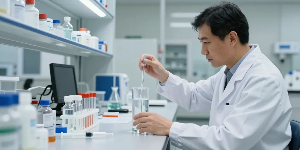 Scientist measuring hospira bac water in a sterile lab environment, showcasing professionalism and precision.