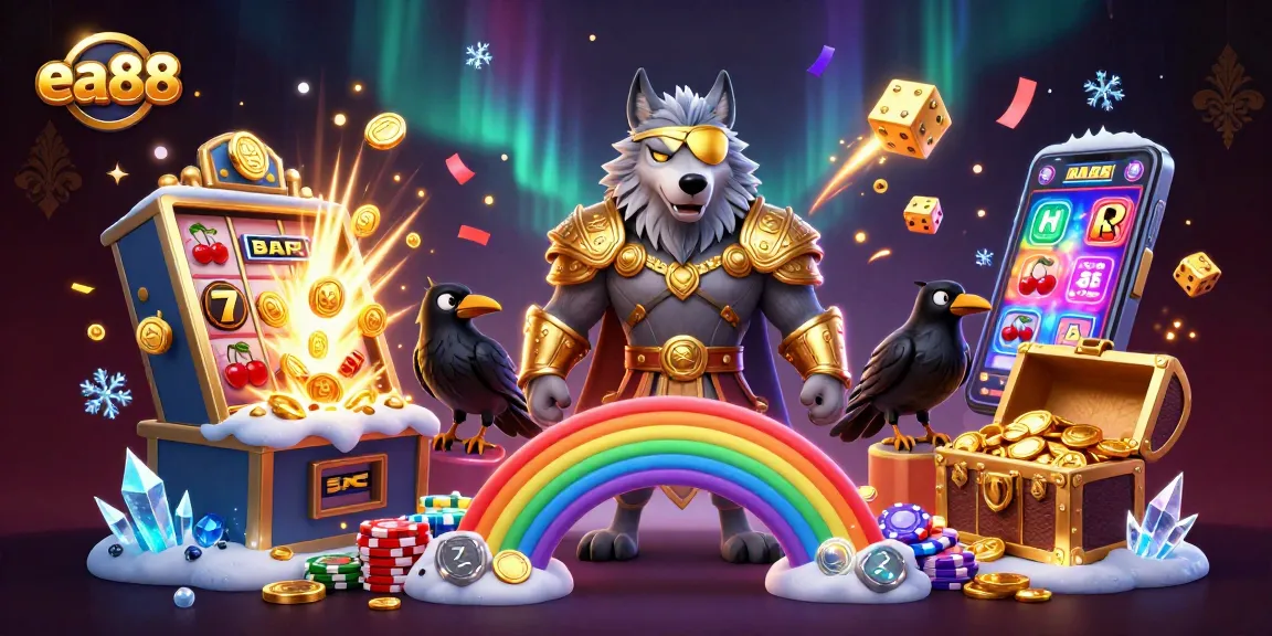 Experience ea88's jackpot excitement with a dynamic 3D casino scene featuring Odin and iconic game elements.