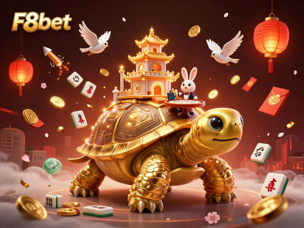Engage in vibrant gaming at F8bet with a golden tortoise casino scene featuring a rabbit dealer and festive elements.