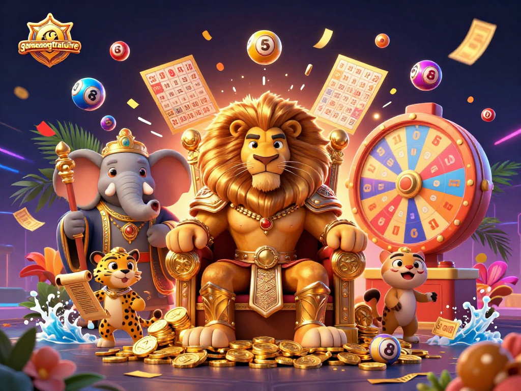 Experience vibrant lottery excitement with gamenongtraivuive's 3D casino illustration featuring dynamic game elements.