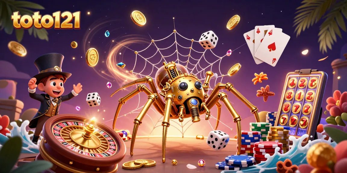 Experience thrilling gameplay at toto121 with a steampunk-inspired scene of a golden spider and dice.