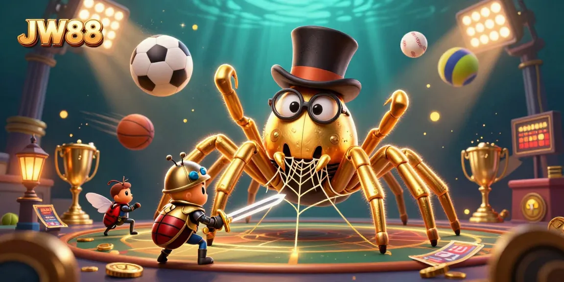 Experience thrilling action at JW88 with a dynamic illustration of a 3D golden tarantula and sports elements.