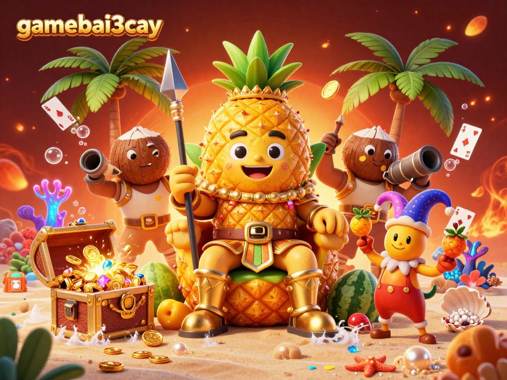 Experience gamebai3cay in this vibrant 3D illustration with a pineapple king and dynamic casino elements.