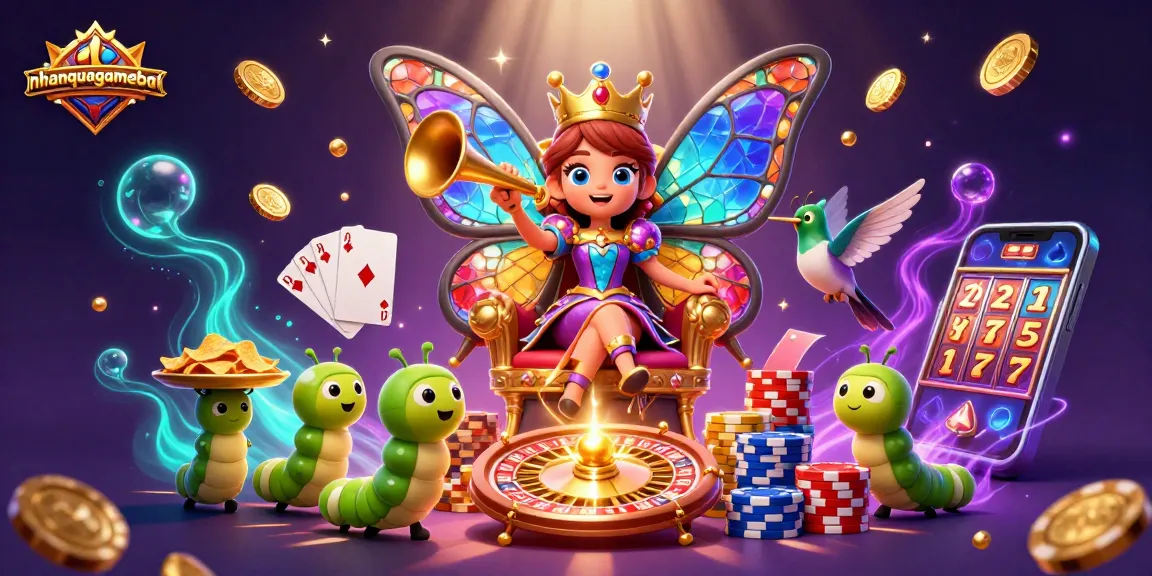 Play Callbreak on nhanquagamebai, featuring a butterfly queen and dazzling casino elements in a vibrant 3D scene.