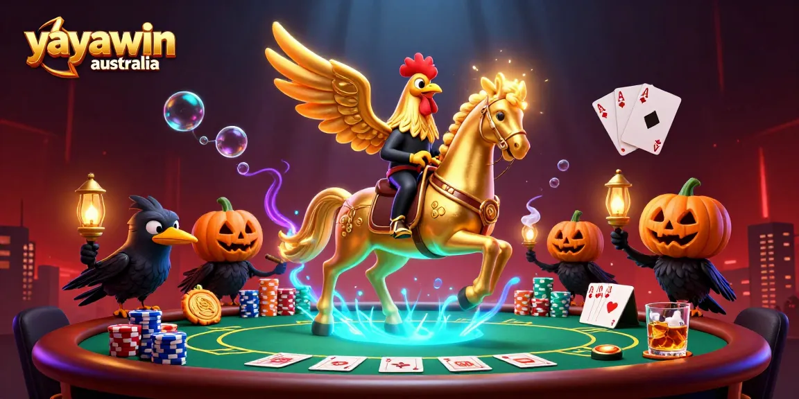 Experience thrilling gaming at yayawin australia with the golden rooster and poker elements amidst a vibrant casino scene.