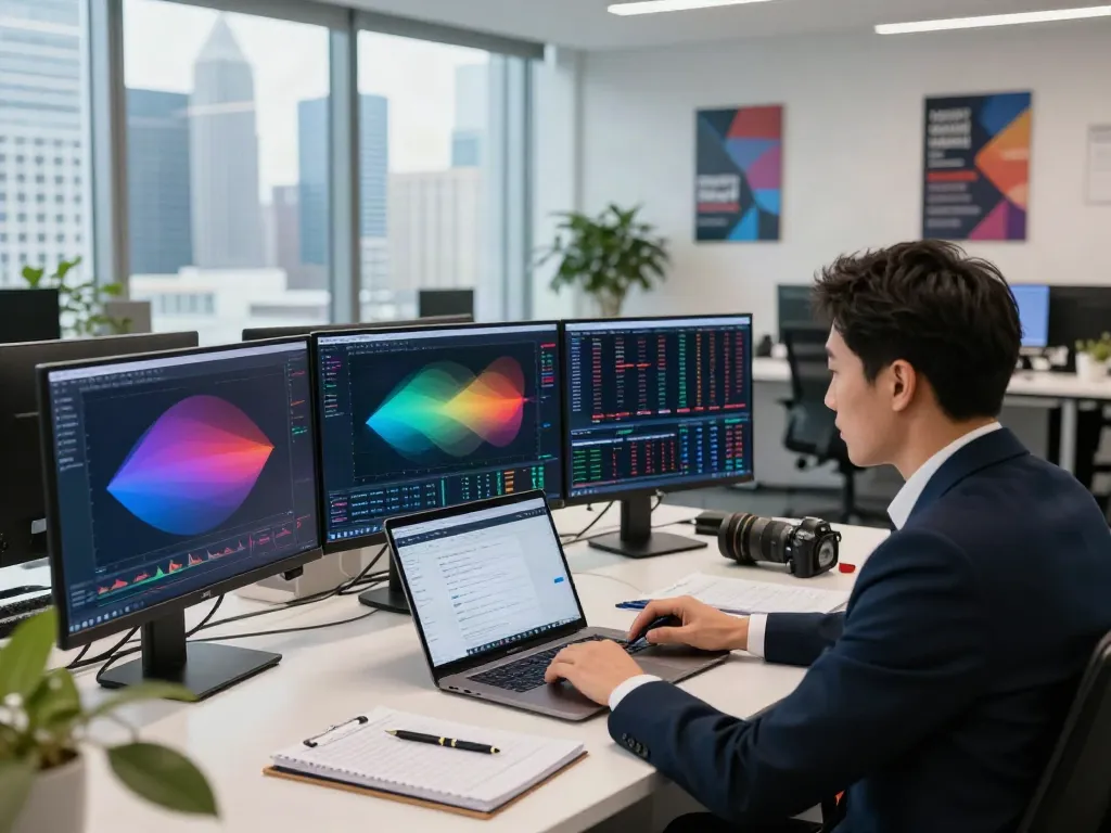 Analyst using tradingview官网 in a professional office setting with financial charts displayed.