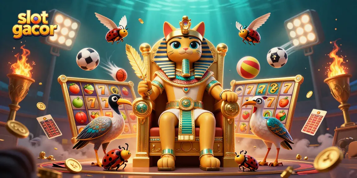 Engaging illustration of slot gacor showcasing a pharaoh cat, scribe, and dynamic slot elements for casino players.