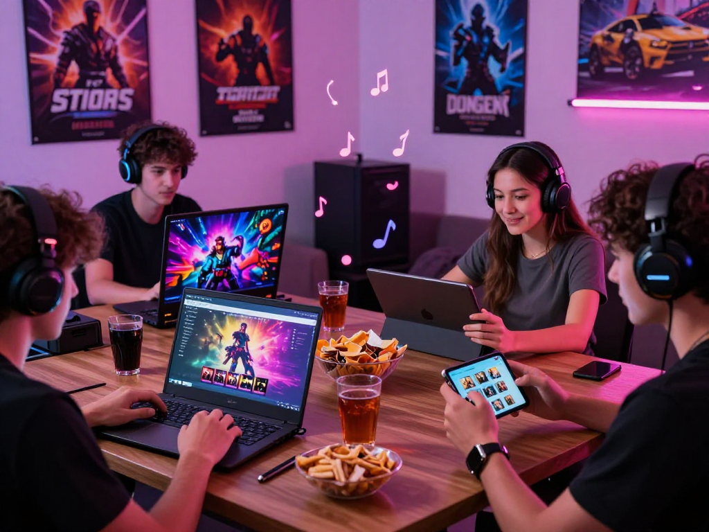 Players engaging in various porn games on different devices in a vibrant gaming environment.