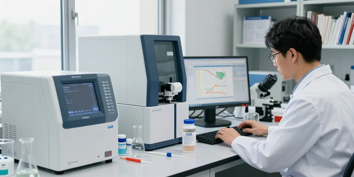 KLOW stack research in a modern laboratory with scientist analyzing peptide purity.