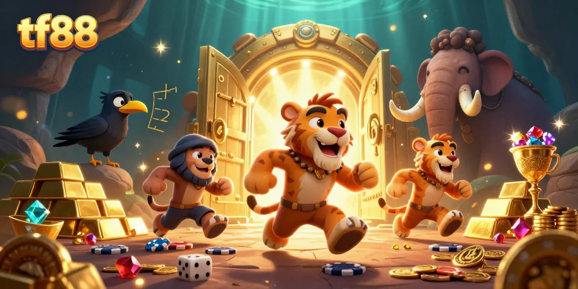 Experience wins at tf88 with dynamic illustrations of casino elements and characters in a vibrant scene.