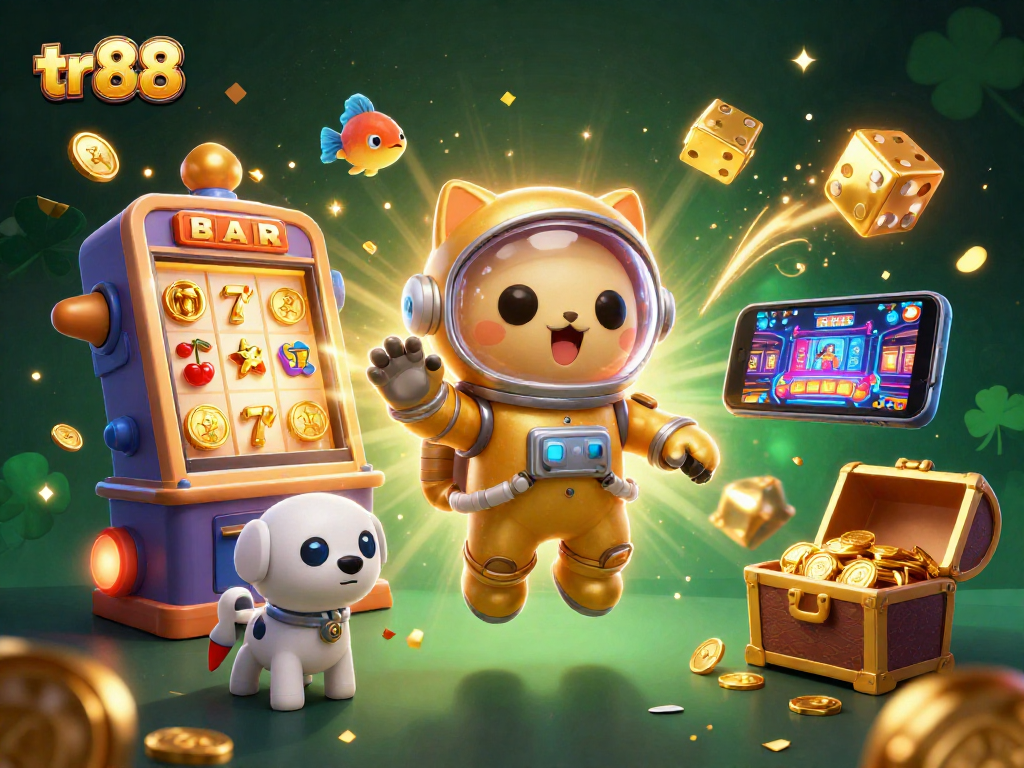 Engage with the exciting world of tr 88 slots, featuring a vibrant scene of a cat astronaut and its robot dog.