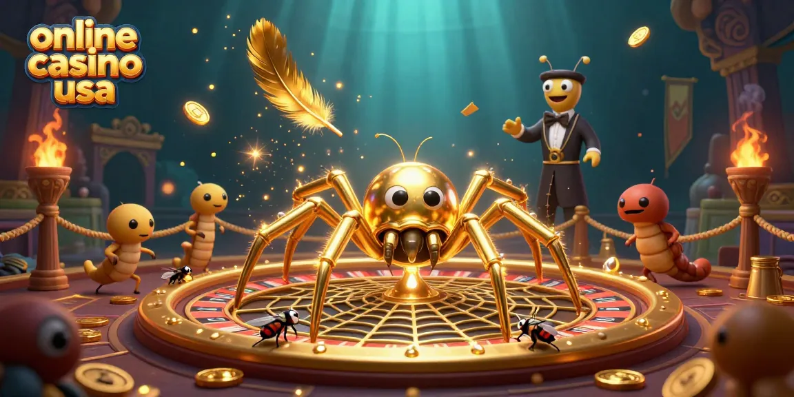 Betting at an online casino USA with a golden roulette wheel, featuring a croupier centipede and a themed background.
