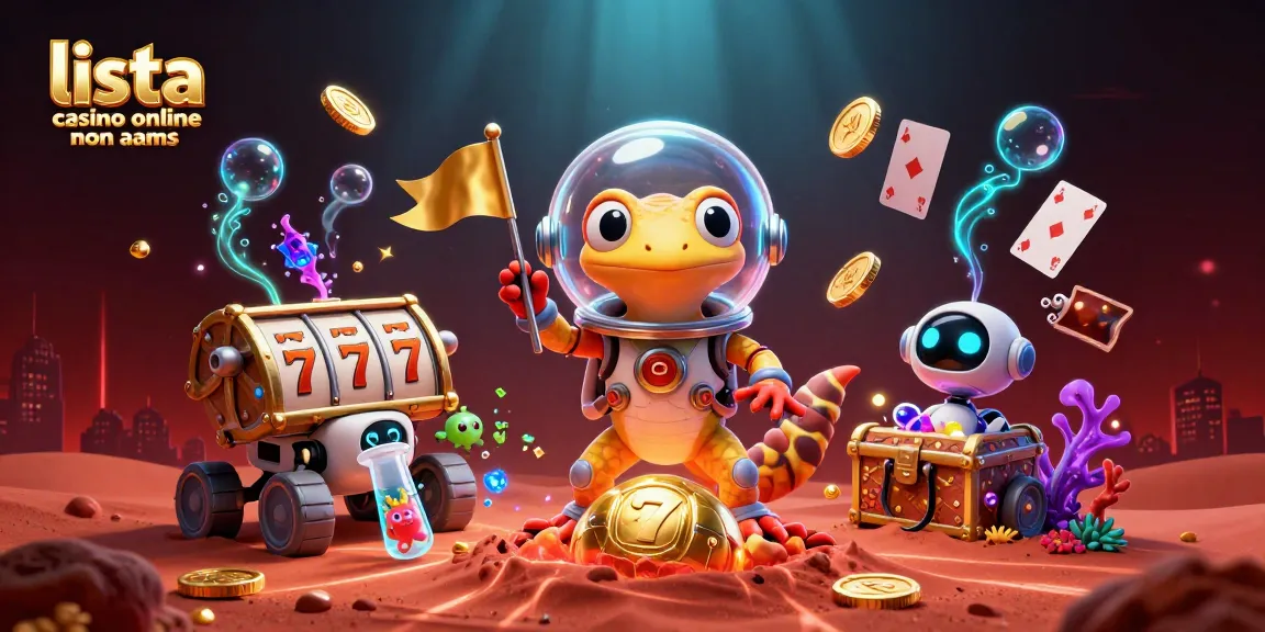 Scopri la lista casino online non aams, con un gecko marziano che esplora un casinò dorato martiano.