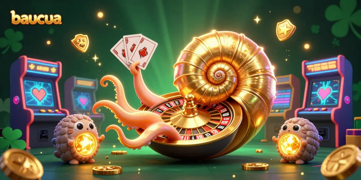 Engage with baucua as a giant nautilus spins the roulette wheel, showcasing vibrant casino elements.