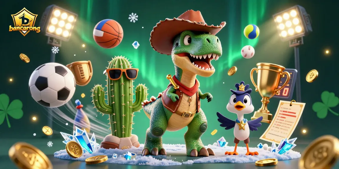 Bancarong welcomes bettors with a vibrant 3D scene featuring a cowboy dinosaur, cactus buddy, and roadrunner amidst sports elements.