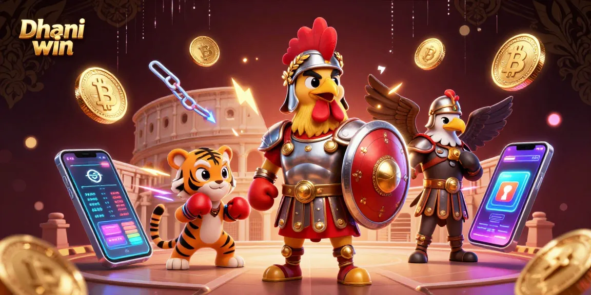Dhani win offers thrilling lottery and gaming experiences with an engaging illustration of a gladiator rooster.