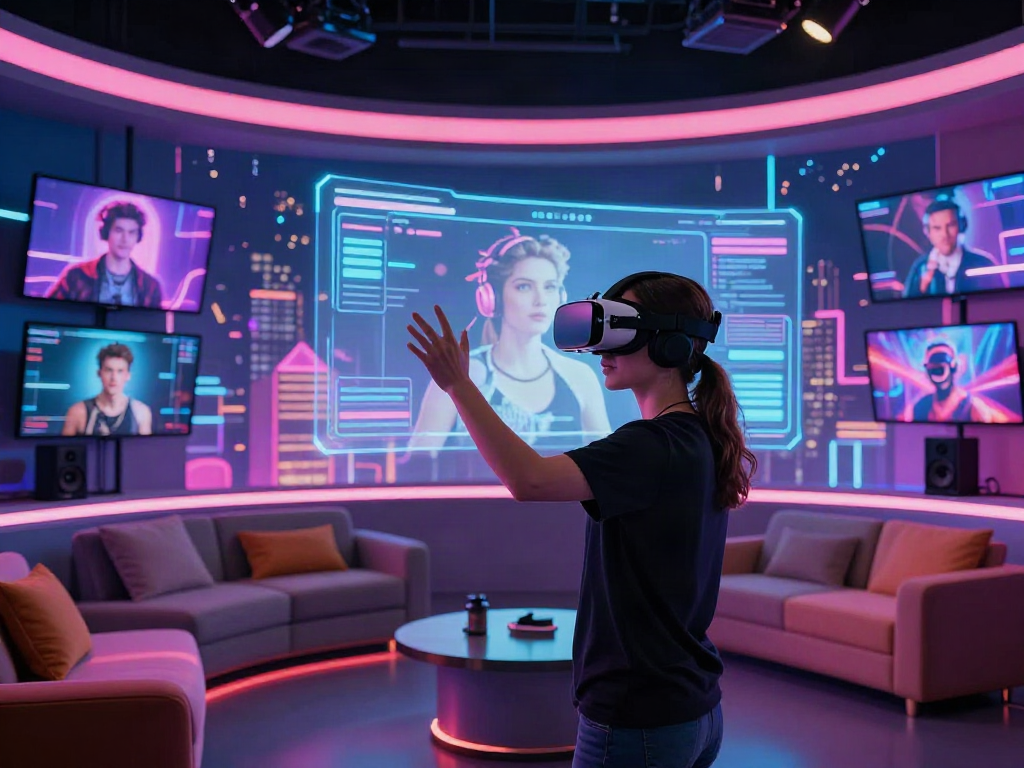 AI porn performance in a dynamic VR studio with vibrant visuals and immersive technology.