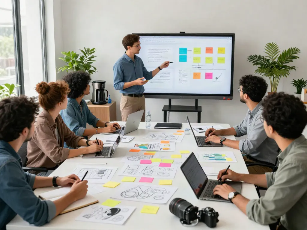 A diverse team collaborates in a modern workspace, showcasing how teamwork describes it.