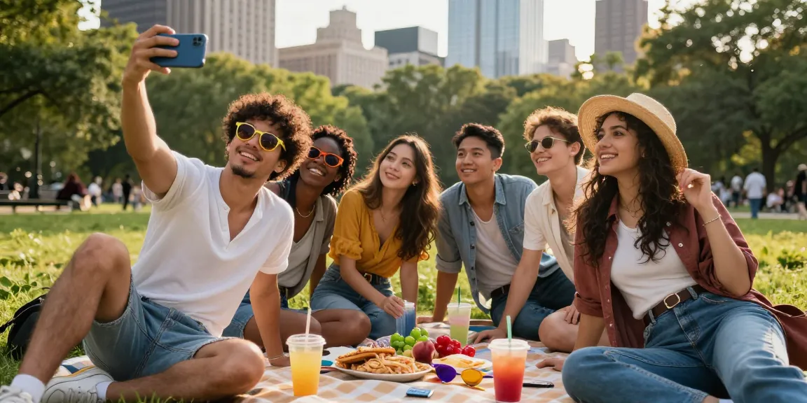 Group of friends enjoying a sunny day asking how old do I look while taking selfies in the park