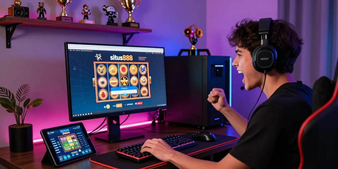 Situs888 login interface in a vibrant gaming setup, showcasing an excited player spinning virtual slots.