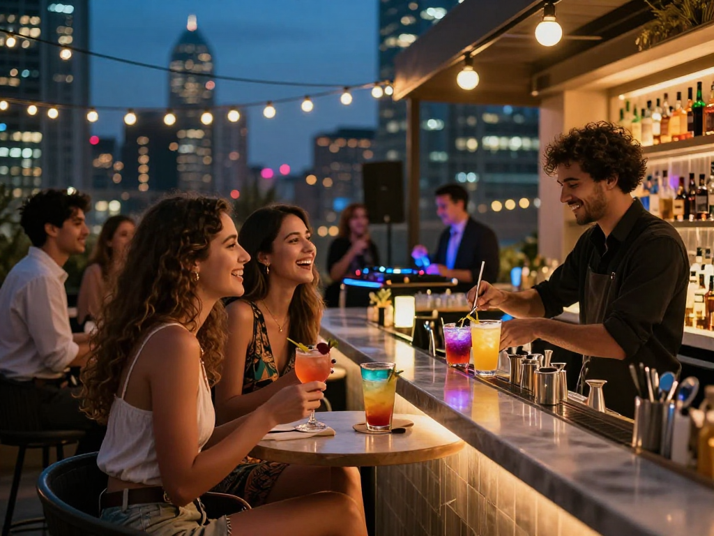 Nhóm bạn trẻ vui vẻ khi tận hưởng không khí buổi tối tại quán bar với ánh đèn lung linh, thể hiện sự năng động của gái gọi.