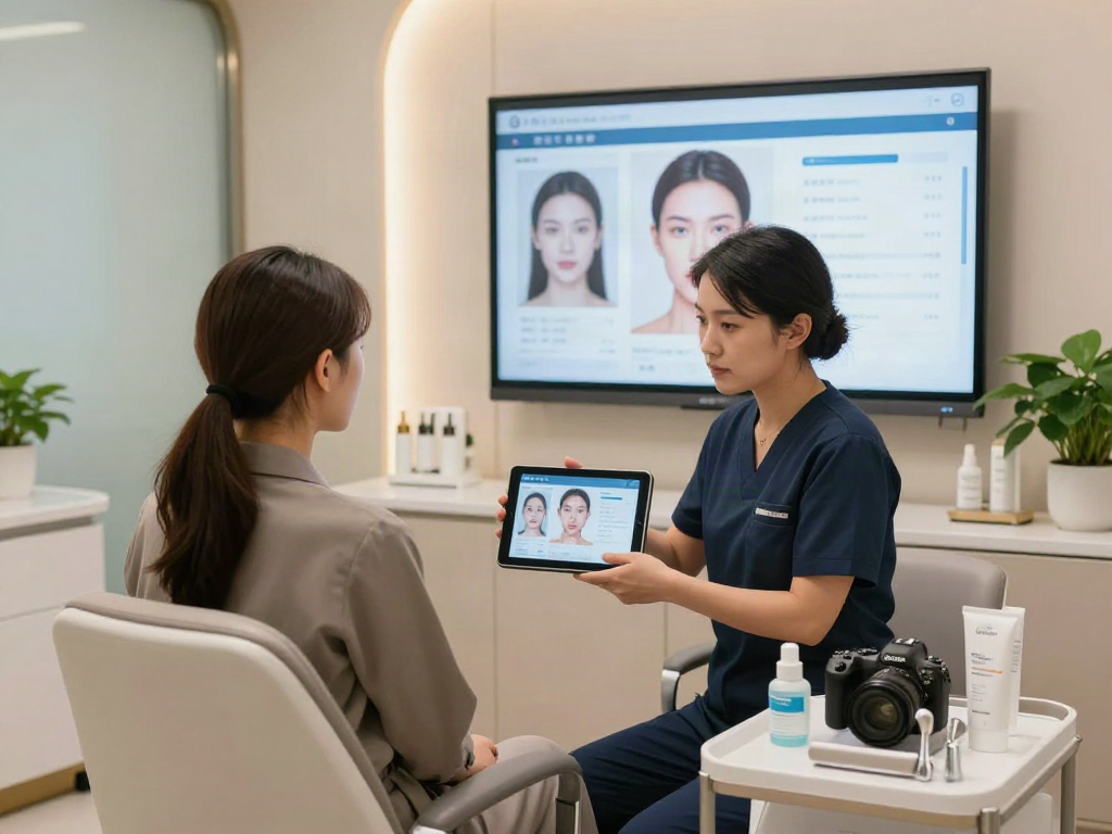 ClinicEvo vs QOVES facial analysis consultation in modern clinic.