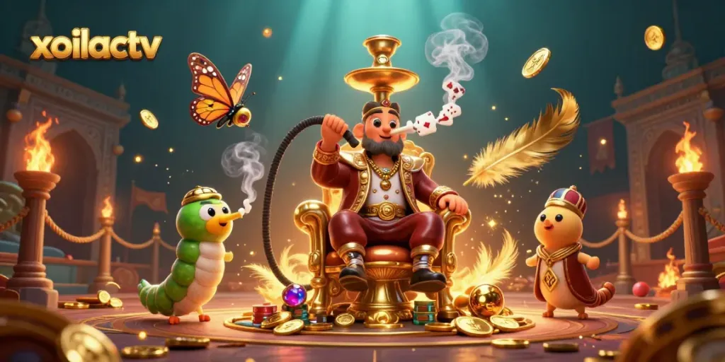 Engage with xoilactv in this vibrant 3D casino scene featuring a unique hookah-master character.