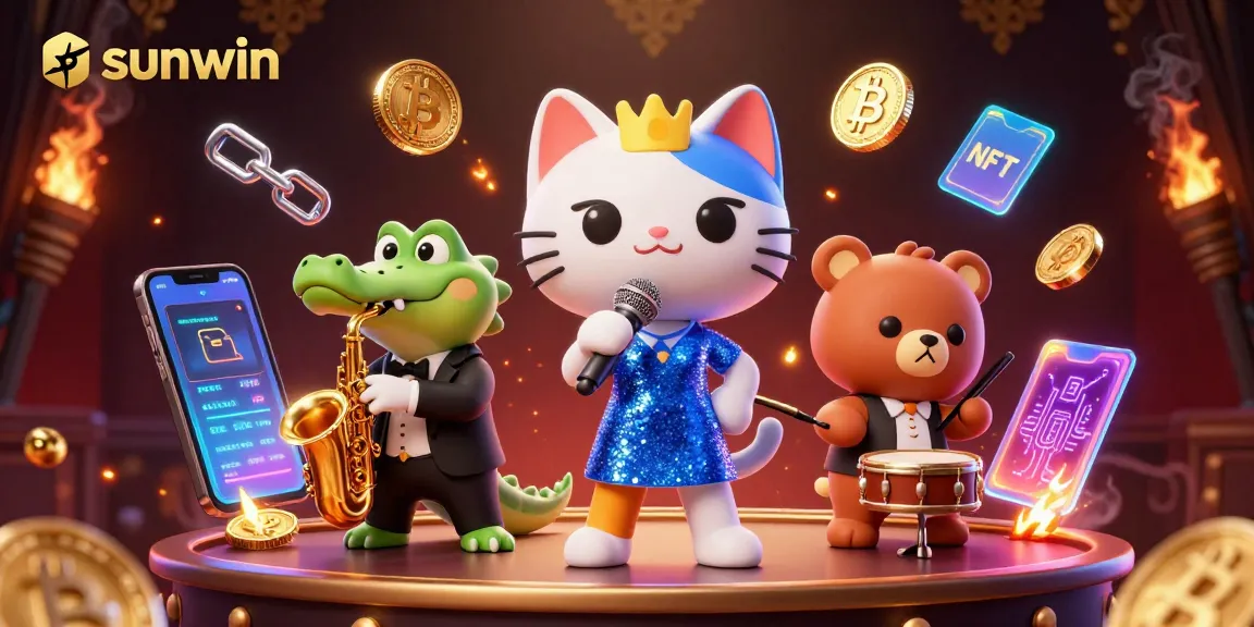 Join the sunwin jazz party with a vibrant 3D illustration of a singing cat, saxophone crocodile, and drum bear!