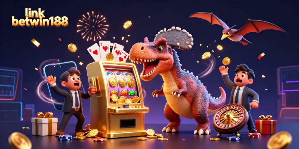 Aksi seru di link betwin188 dengan dino pachycephalosaurus menggedor mesin slot ber-emas dan koin berhamburan.