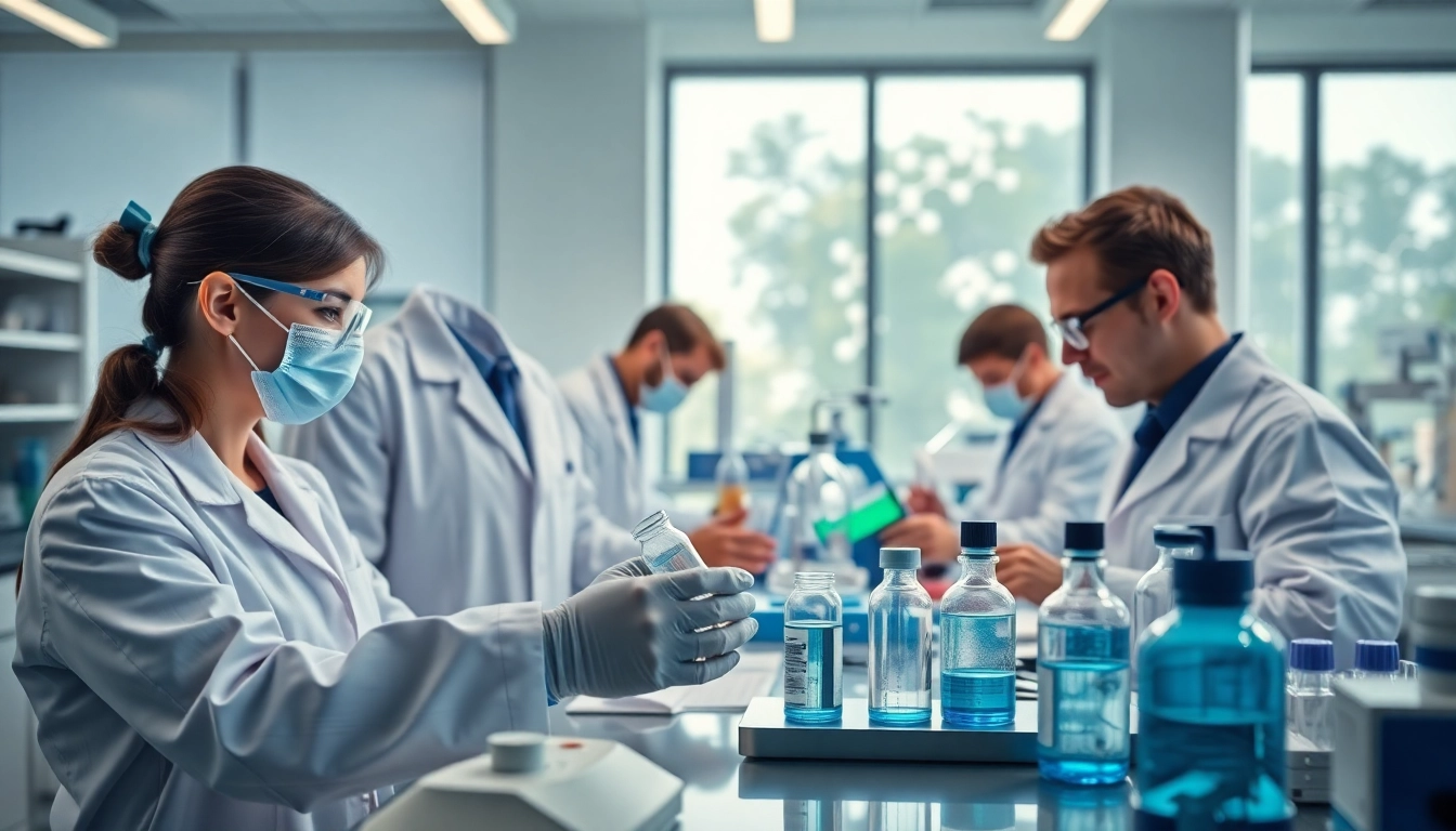 Research scientists analyzing ion peptide samples in a well-equipped lab.