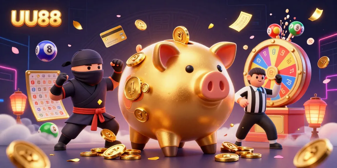 UU88 offers a vibrant illustration filled with gaming elements, showcasing a sumo-wrestler piggy bank amidst a colorful casino atmosphere.
