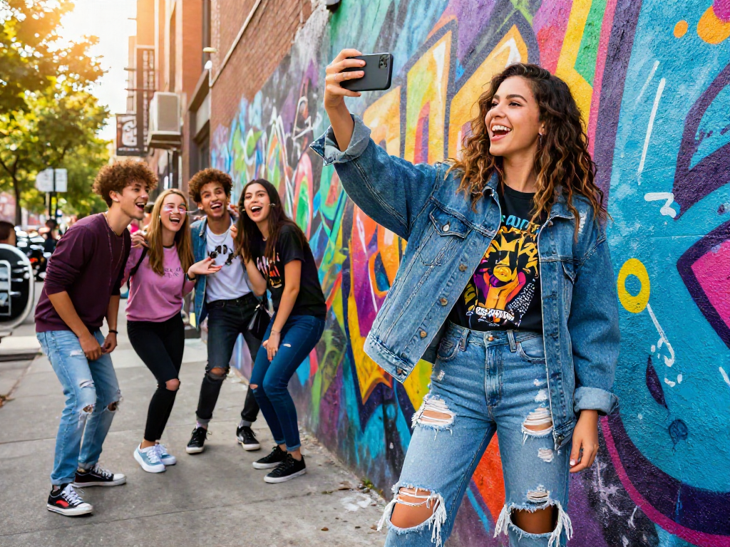 Young woman joyfully taking a selfie with friends in urban setting, showcasing celebrity look alike themes.