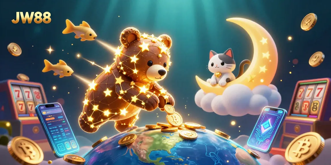 JW88 captivates players with a vibrant, casino-themed 3D illustration showcasing gold star bear and crypto coins.