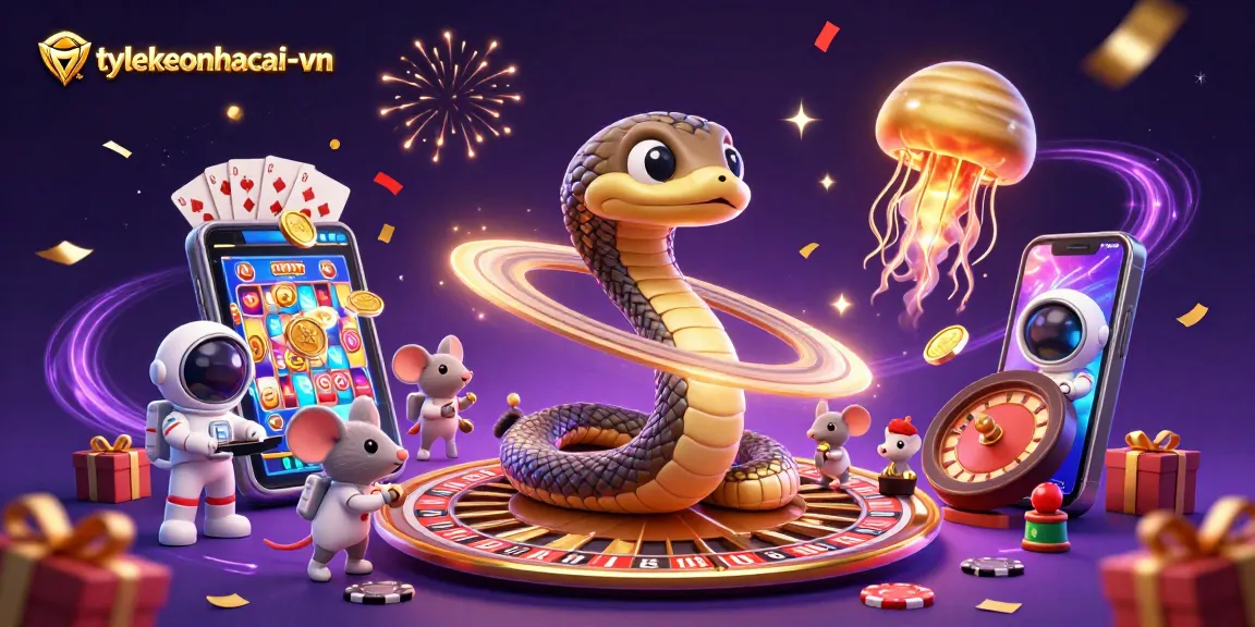 Experience vibrant gaming action with tylekeonhacai-vn as astronaut mice bet on roulette in a cosmic setting.