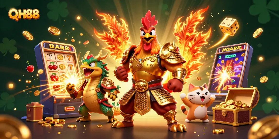 Engage with QH88's vibrant casino experience featuring a rooster warrior and dragon hatchling.