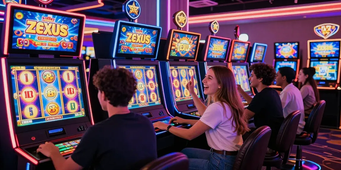 Exciting online gaming atmosphere showcasing players at slot zeus machines celebrating big wins.