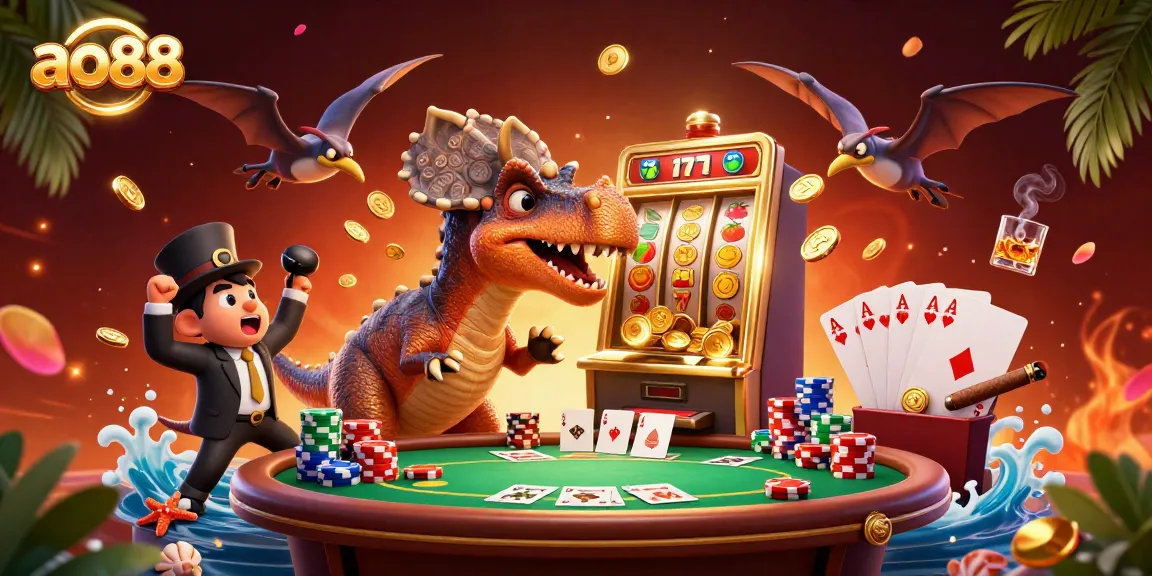 ao88 features a pachycephalosaurus winning jackpot coins from a slot machine in an exciting casino scene.